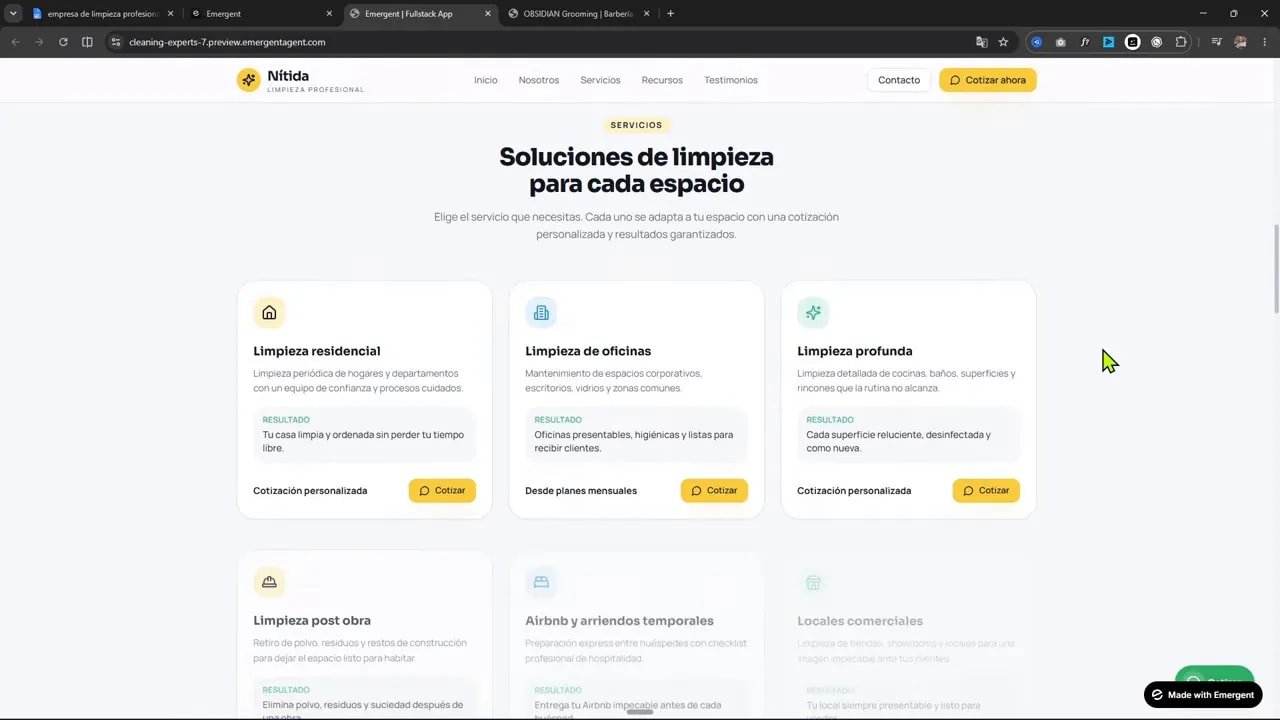 Sección de soluciones de limpieza con varias tarjetas blancas y botones amarillos