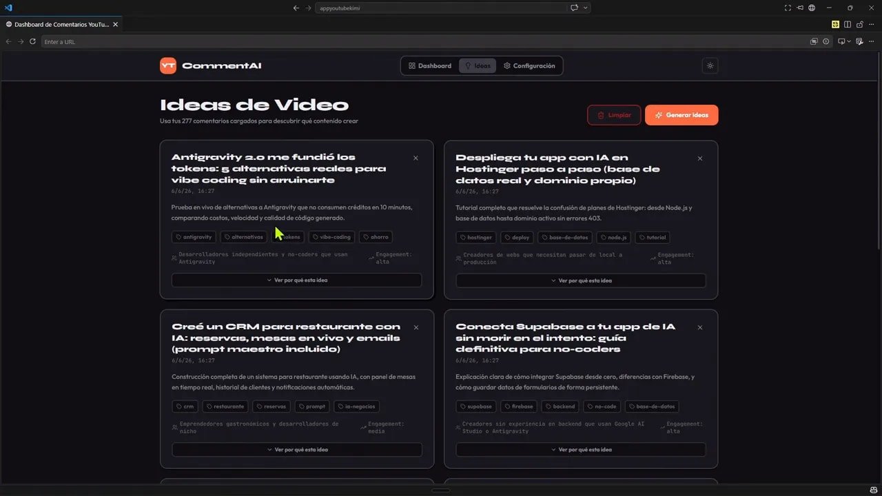 Creé una app web real con Kimi K2.6 y gasté menos de $2 6 Cuatro tarjetas con ideas de video generadas por la aplicación