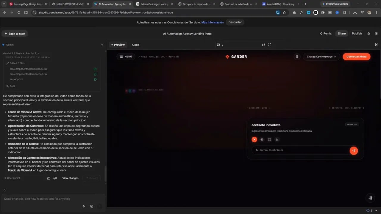 Landing en Google AI Studio con video de fondo integrado pero aún desalineado