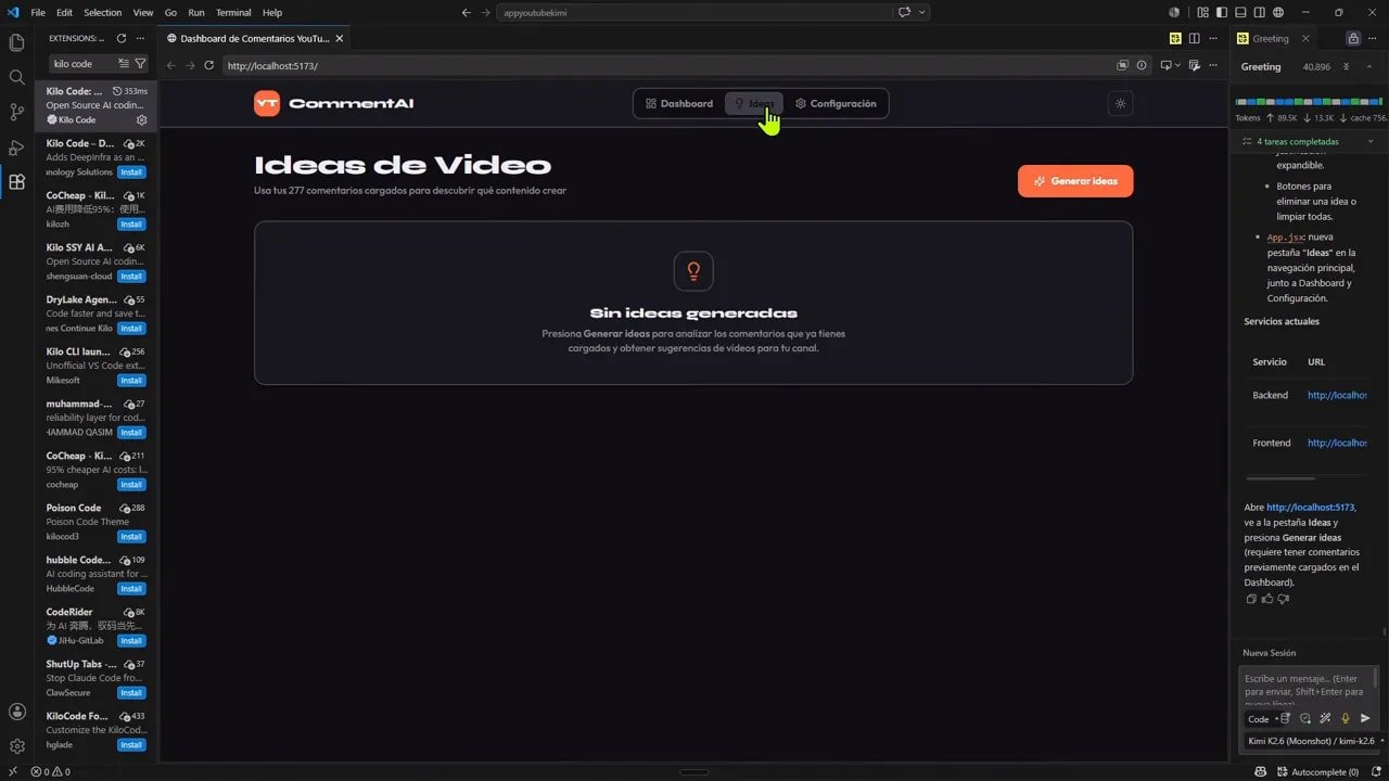 Creé una app web real con Kimi K2.6 y gasté menos de $2 5 Nueva pestaña Ideas de Video en la aplicación con botón para generar ideas