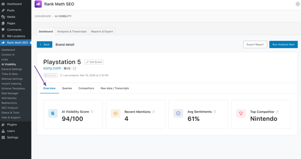 Rank Math AI Visibility: cómo saber si tu web aparece en respuestas de IA 11 Overview dentro de WordPress