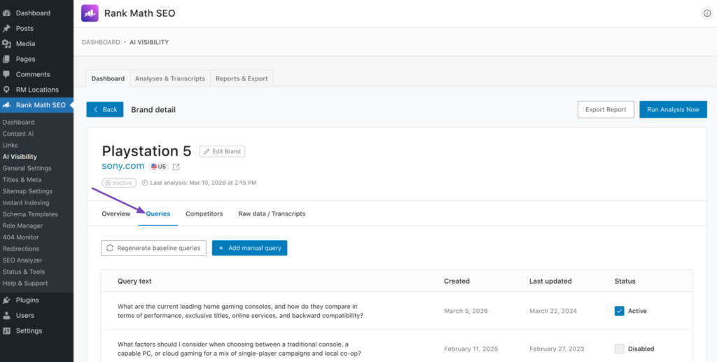 Rank Math AI Visibility: cómo saber si tu web aparece en respuestas de IA 6 Consultas dentro de AI Visibility