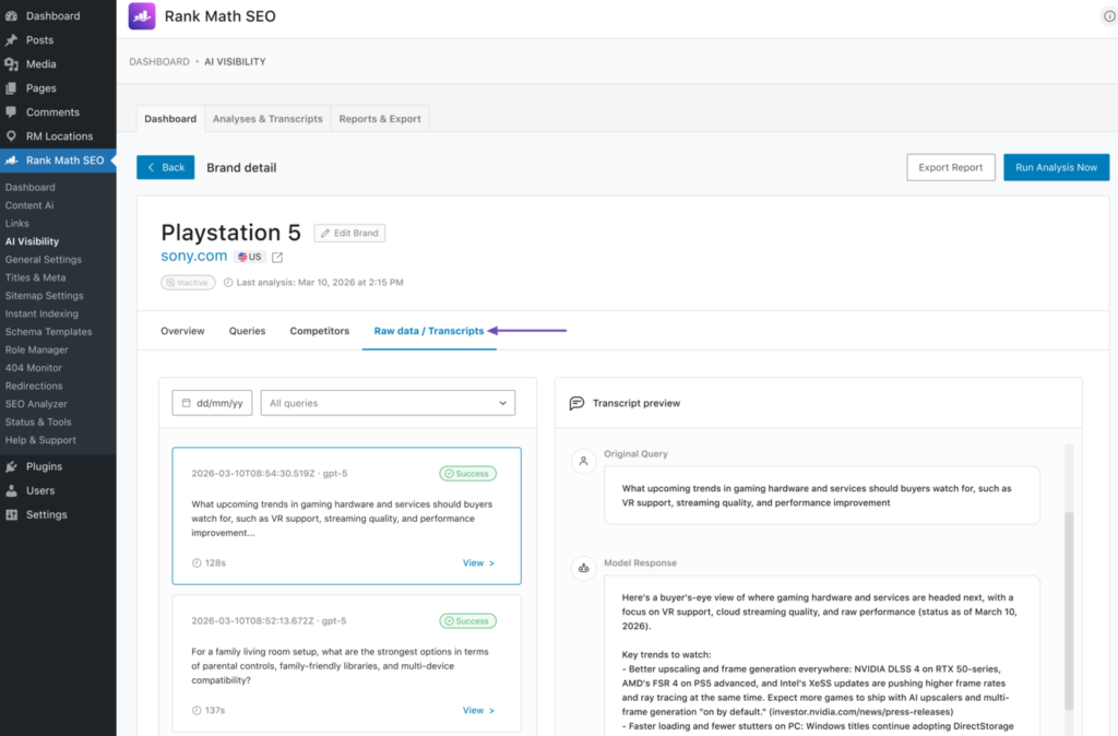 Rank Math AI Visibility: cómo saber si tu web aparece en respuestas de IA 12 Raw Data y Transcripts dentro de WordPress