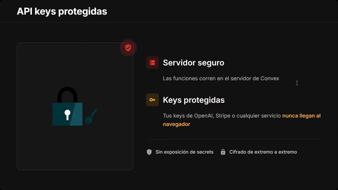 Por qué Convex es ideal para apps con IA y cómo usarlo 3 Diapositiva API keys protegidas con puntos sobre servidor seguro y llaves protegidas