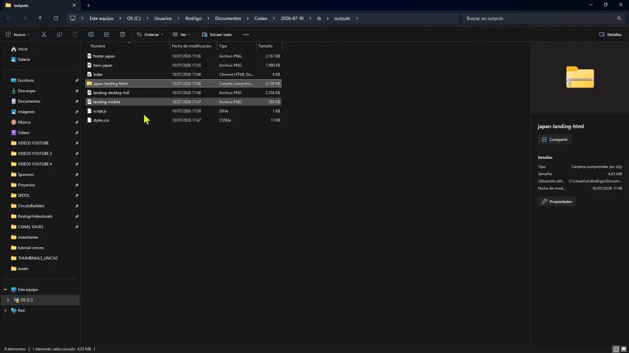 Explorador de archivos con carpeta del proyecto y varios archivos generados