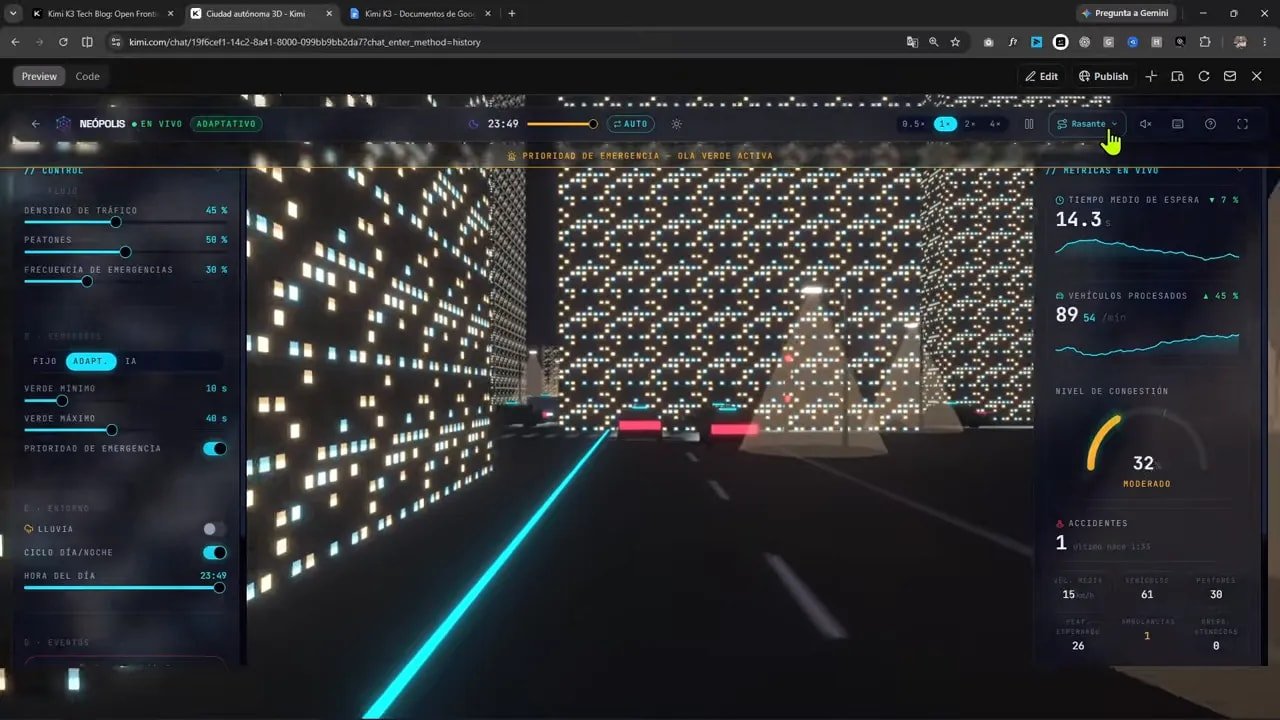 Kimi K3 está al nivel de GPT 5.6 Sol y Fable 5? Lo puse a prueba con una ciudad 3D autónoma 4 Vista rasante de una avenida futurista entre edificios con vehículos circulando
