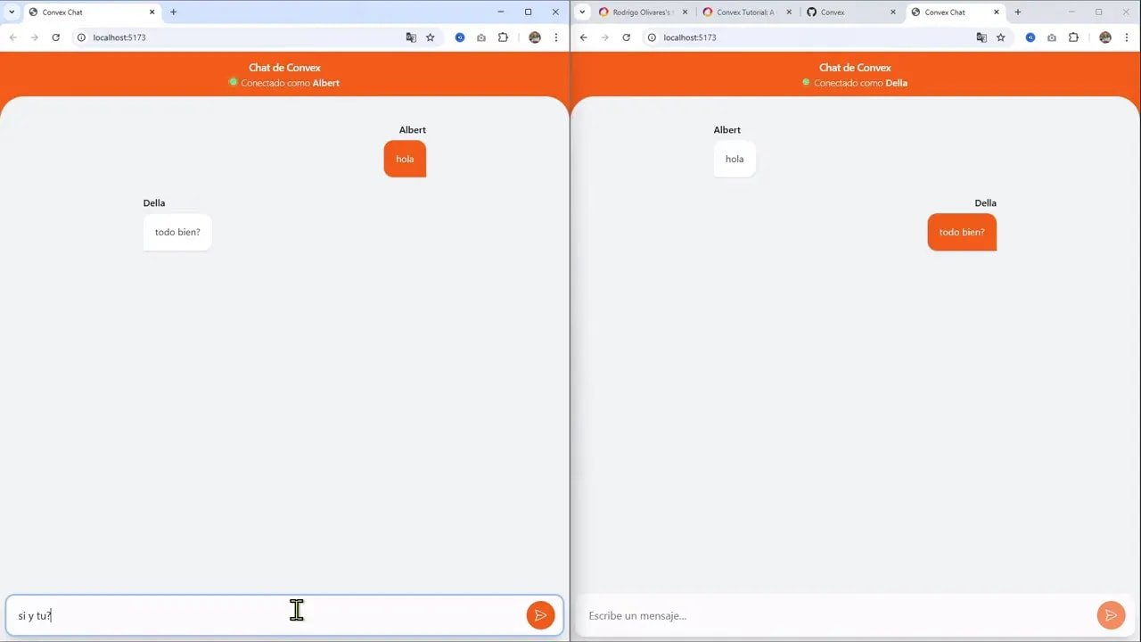 Por qué Convex es ideal para apps con IA y cómo usarlo 7 Dos ventanas del chat mostrando mensajes reflejados en tiempo real
