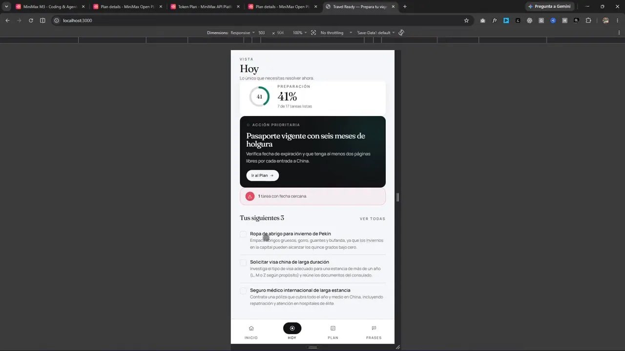 Pantalla móvil de viaje a Pekín con indicador de preparación y lista de tareas prioritarias
