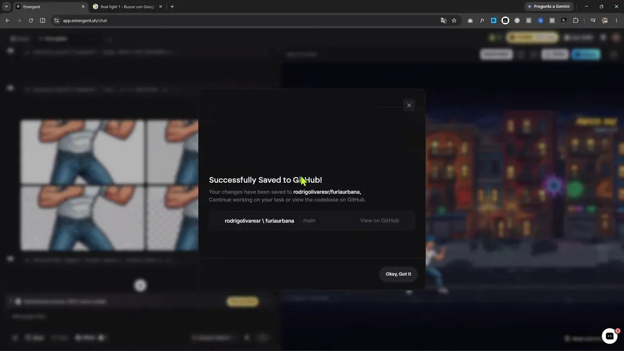 Ventana de Emergent mostrando proceso de conexión o guardado en GitHub