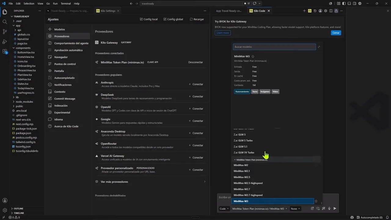 Configuración de proveedores en KiloCode con una lista desplegable de modelos disponibles