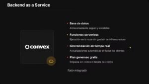 Diapositiva Backend as a Service con lista de base de datos, funciones serverless, sincronización en tiempo real y plan gratuito