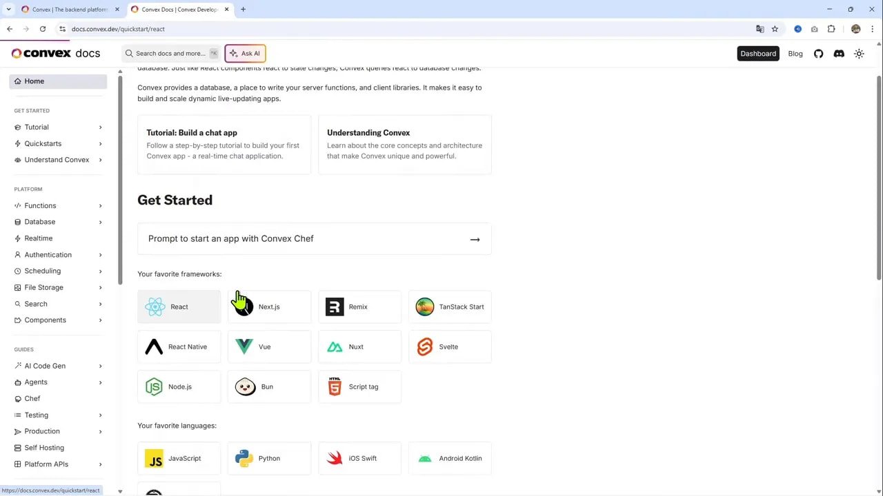 Por qué Convex es ideal para apps con IA y cómo usarlo 5 Página Convex Docs mostrando React Quickstart con pasos y fragmentos de código