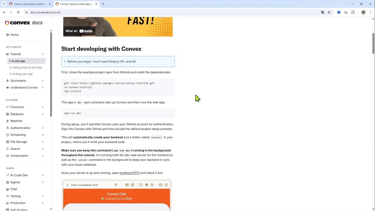 Por qué Convex es ideal para apps con IA y cómo usarlo 6 Página Convex Tutorial A chat app con texto introductorio y miniatura del tutorial