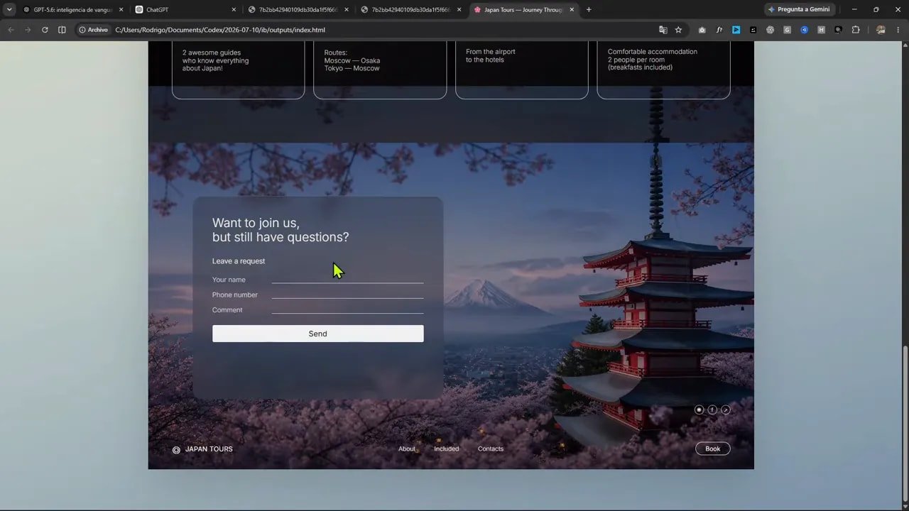 Sección final de la landing de Japón con fondo de pagoda y un formulario blanco