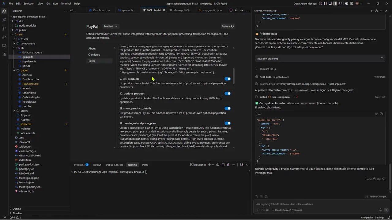 Cómo agregar pagos a tu app web con PayPal MCP paso a paso 2 Panel de Antigravity con herramientas de PayPal para facturas productos y suscripciones
