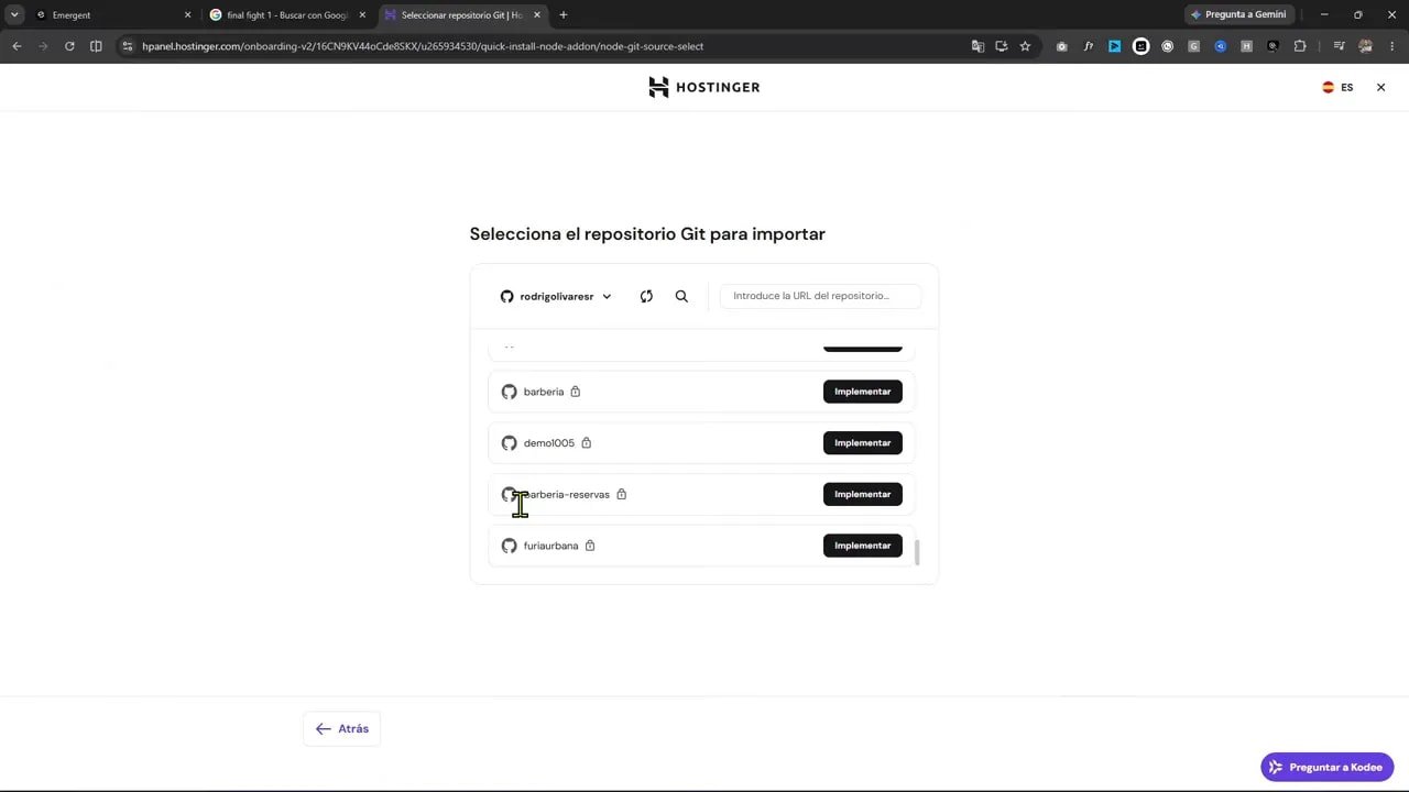 Pantalla de Hostinger para seleccionar repositorio de GitHub para despliegue