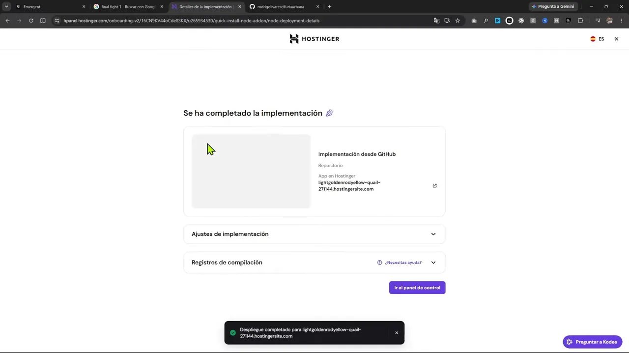Pantalla de Hostinger mostrando vista previa del proyecto Furia Urbana antes de publicar