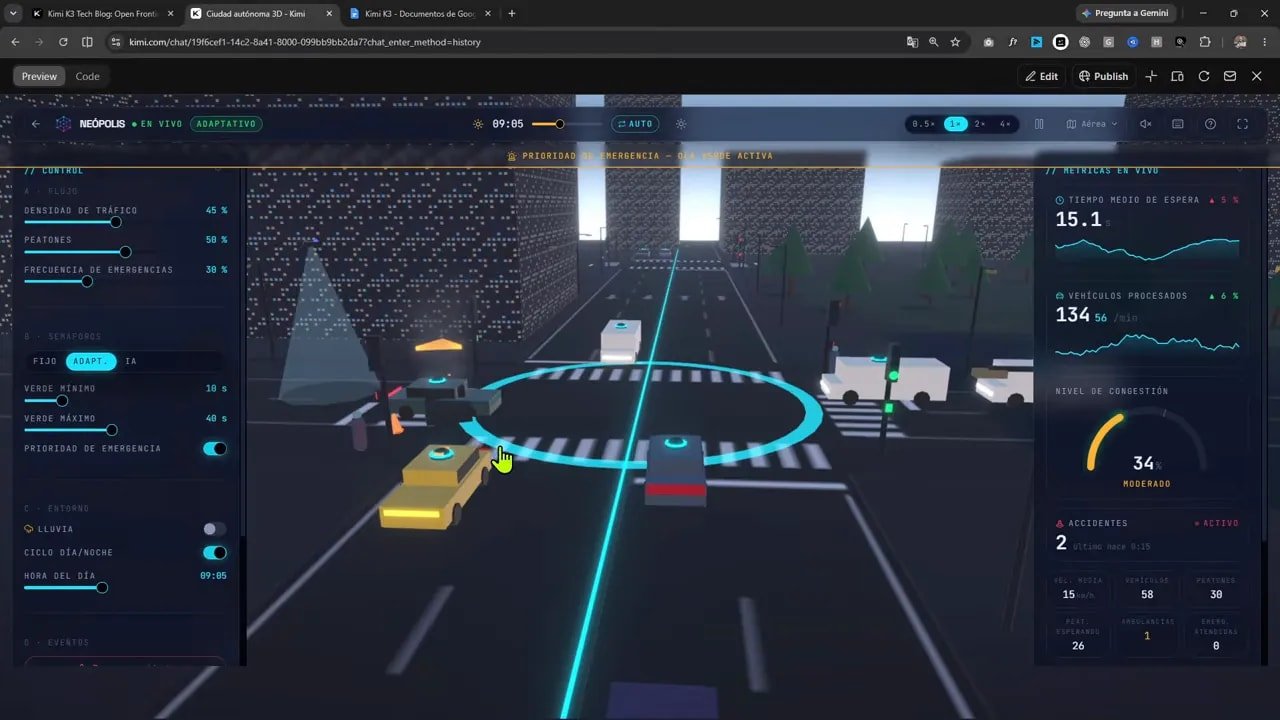 Kimi K3 está al nivel de GPT 5.6 Sol y Fable 5? Lo puse a prueba con una ciudad 3D autónoma 3 Intersección de Neopolis con vehículos, peatones y paneles de control laterales