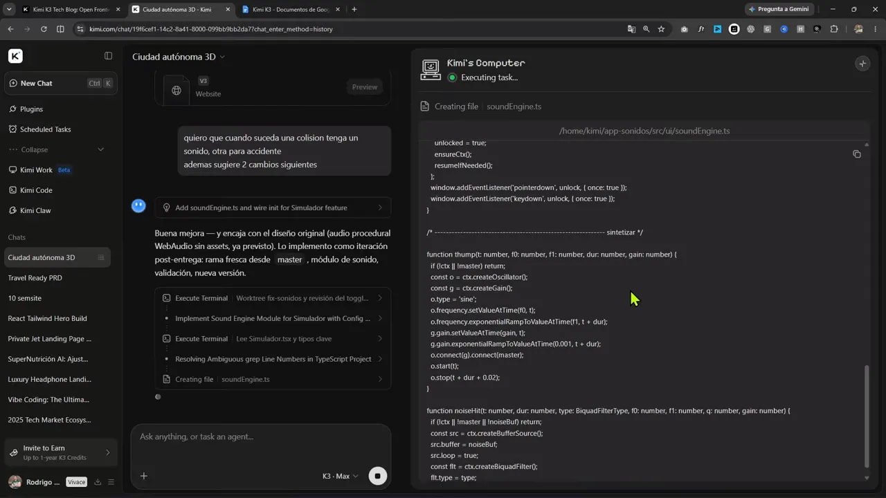 Kimi K3 está al nivel de GPT 5.6 Sol y Fable 5? Lo puse a prueba con una ciudad 3D autónoma 6 Interfaz de Kimi mostrando implementación de un módulo de sonido para colisiones