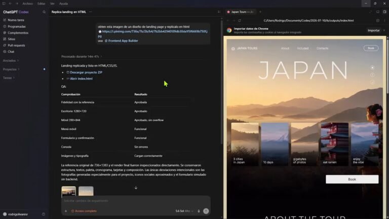 Llevo días usando GPT 5.6: ¿realmente es tan bueno para frontend? 12 Página de viaje a Japón en formato vertical con fondo claro y diseño oscuro centrado