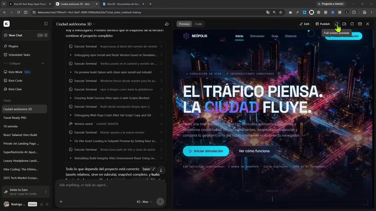 Kimi K3 está al nivel de GPT 5.6 Sol y Fable 5? Lo puse a prueba con una ciudad 3D autónoma 2 Landing page de Neopolis con el texto El tráfico piensa la ciudad fluye