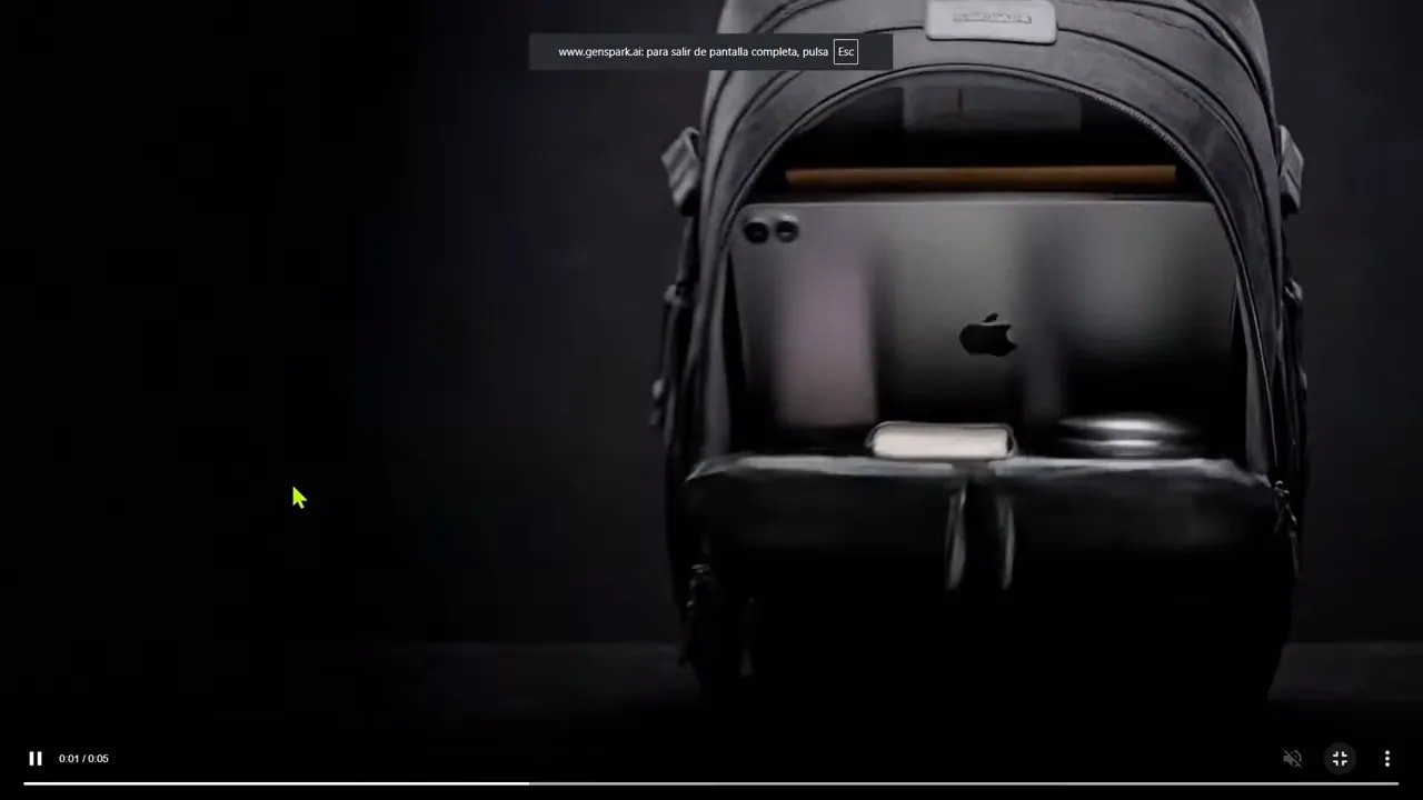 Video de una mochila abierta mostrando laptop, cables y accesorios ordenados