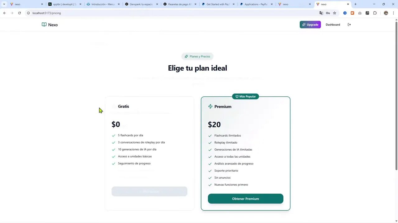 Cómo agregar pagos a tu app web con PayPal MCP paso a paso 3 Página de precios de la aplicación con tarjetas de planes y botón de obtener premium