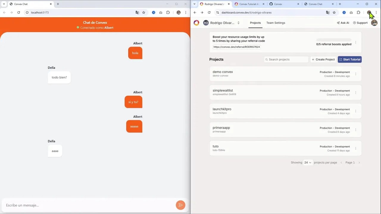 Por qué Convex es ideal para apps con IA y cómo usarlo 8 Panel de datos de Convex mostrando una tabla de mensajes con varias filas