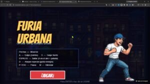 Pantalla inicial del juego Furia Urbana con personaje, controles y botón jugar