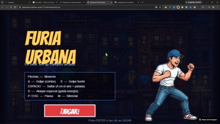 Creé este juego con Claude Fable 5 y lo publiqué en minutos 11 Pantalla inicial del juego Furia Urbana con personaje, controles y botón jugar