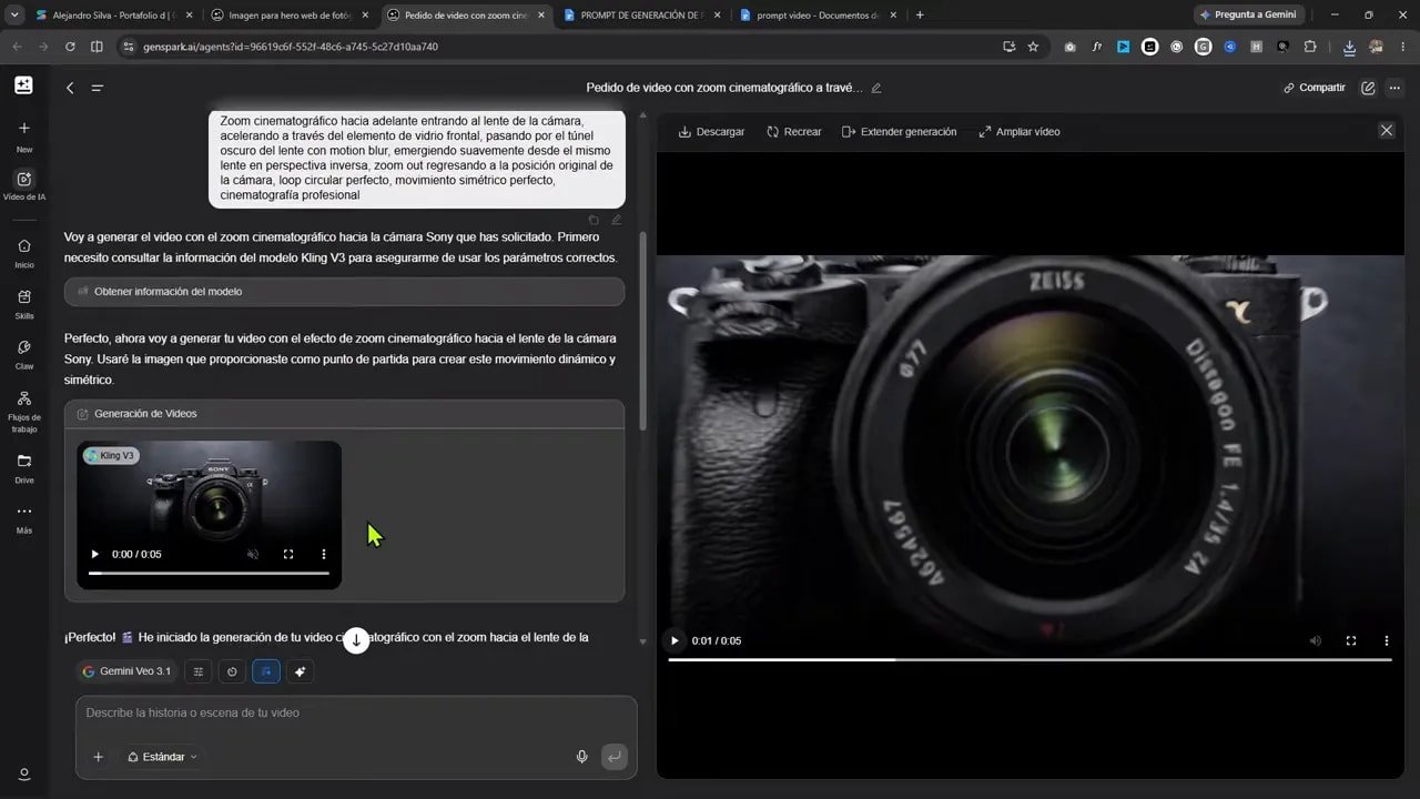 Interfaz de generación de video con una imagen de mochila y un prompt detallado