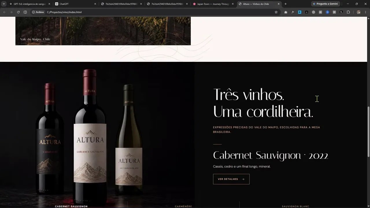 Sección de productos de la web de vinos con tres botellas y texto Cabernet Sauvignon 2022