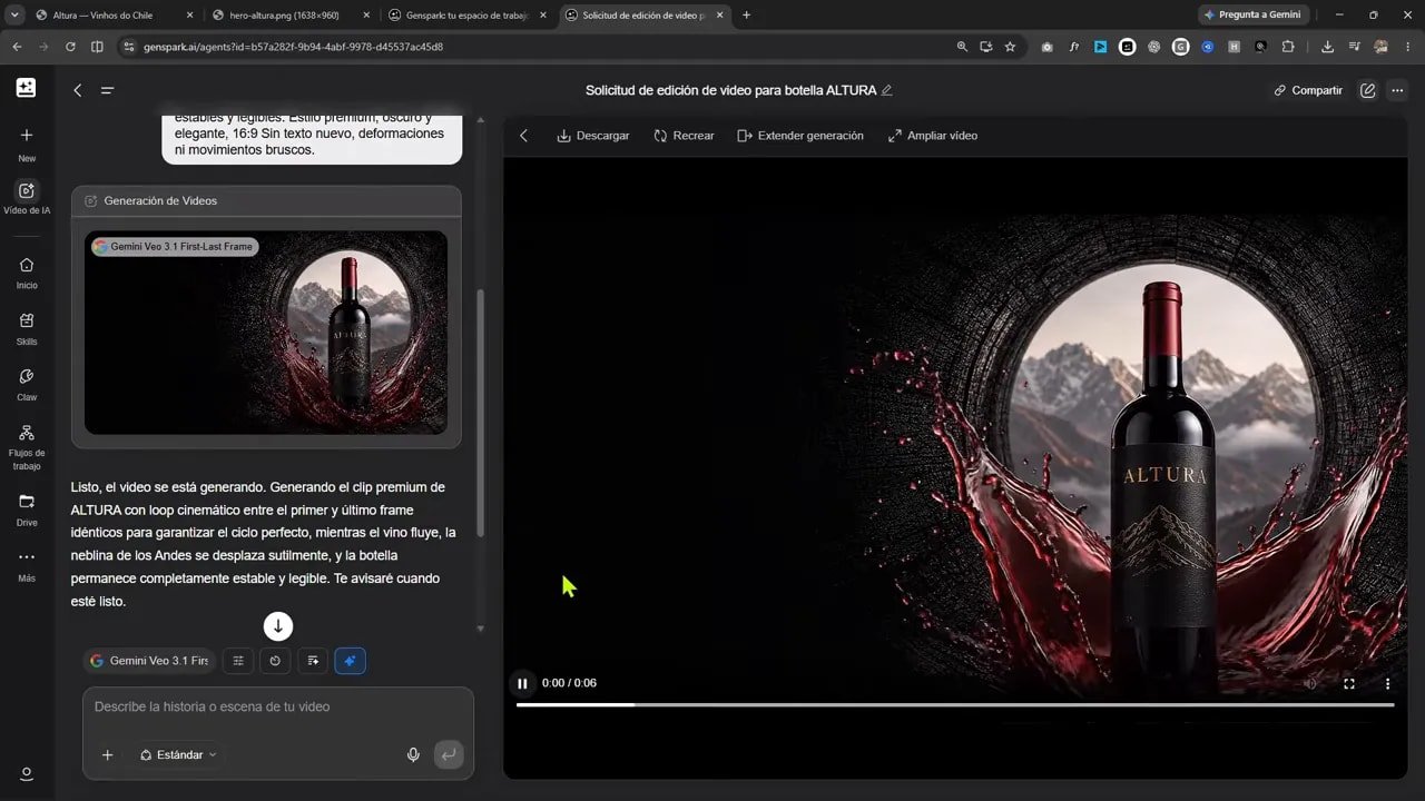 Vista previa de video con botella de vino y vino tinto en movimiento