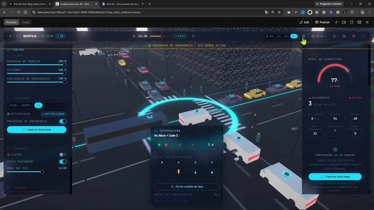 Kimi K3 está al nivel de GPT 5.6 Sol y Fable 5? Lo puse a prueba con una ciudad 3D autónoma 5 Vista aérea de intersección con vehículos y un círculo luminoso de selección