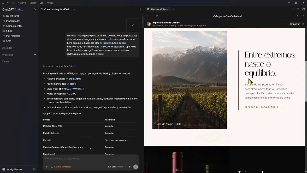 Vista previa de una web de vinos con hero oscuro, botella central y panel lateral de contenido