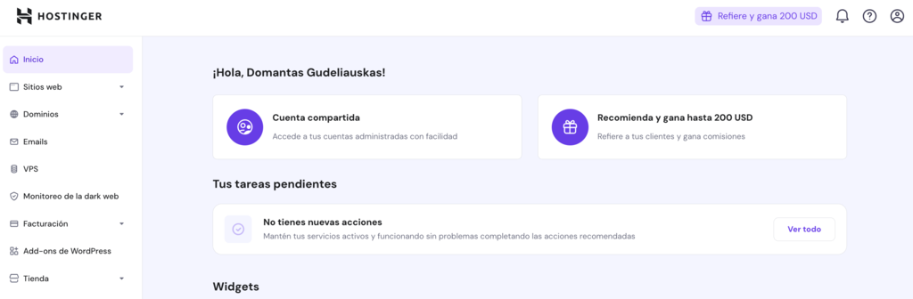 Panel principal hPanel de Hostinger