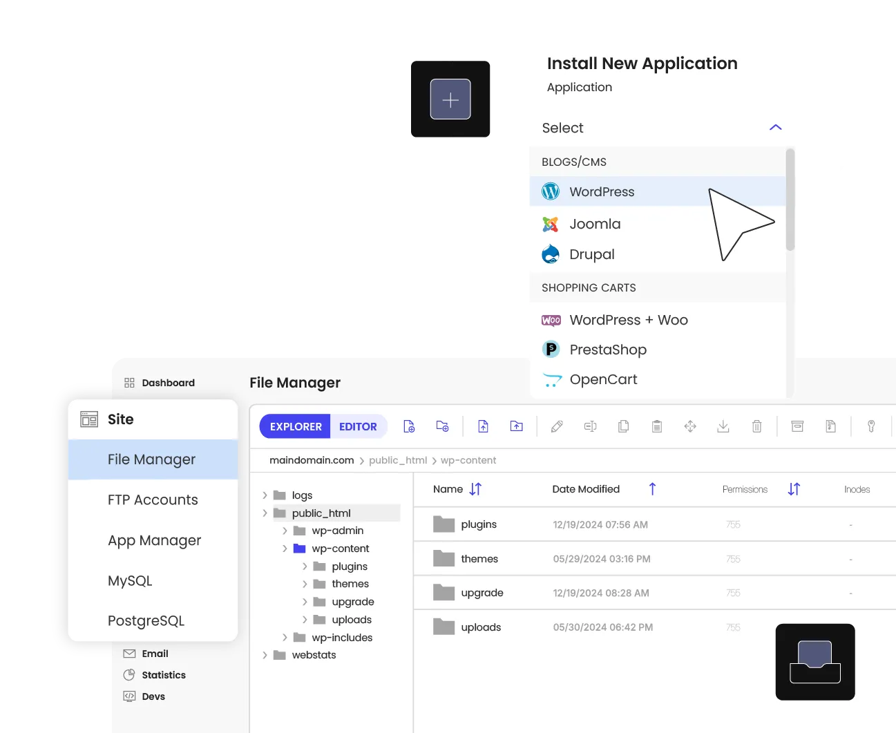 Instalación de WordPress y administrador de archivos de SiteGround