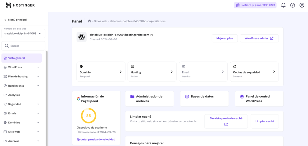 Vista general de un sitio WordPress en hPanel de Hostinger