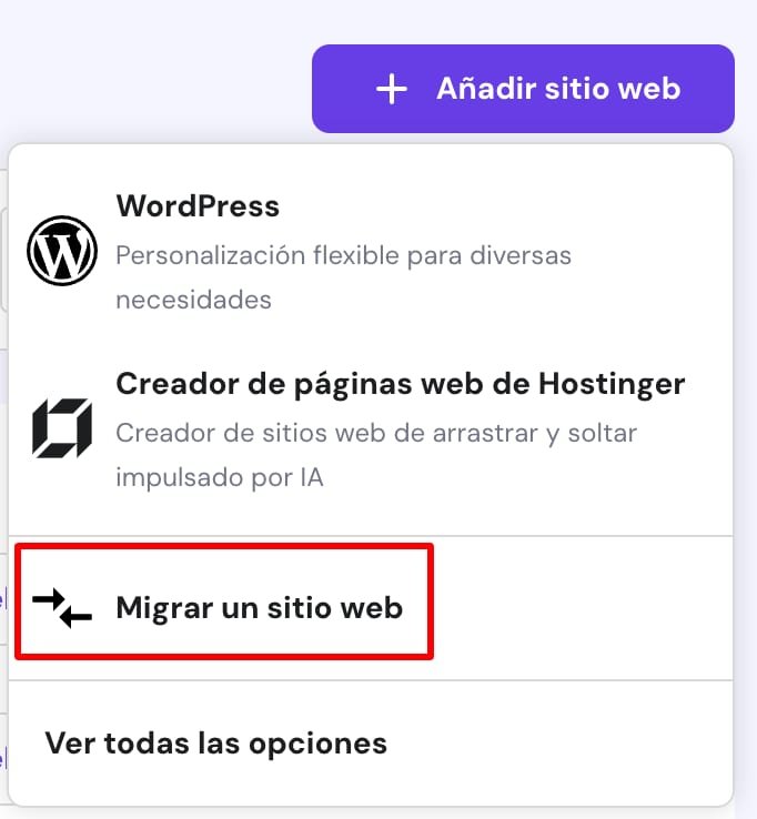 Opción para migrar un sitio web a Hostinger
