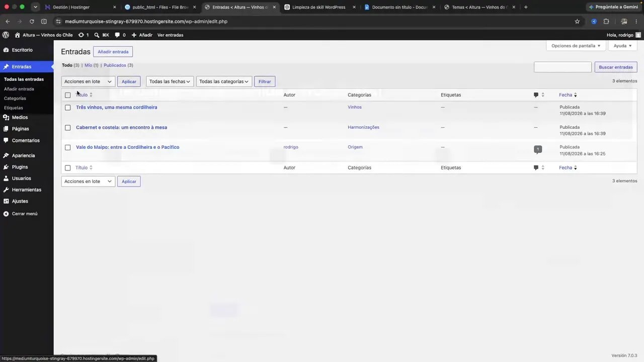 Lista de entradas en el administrador de WordPress
