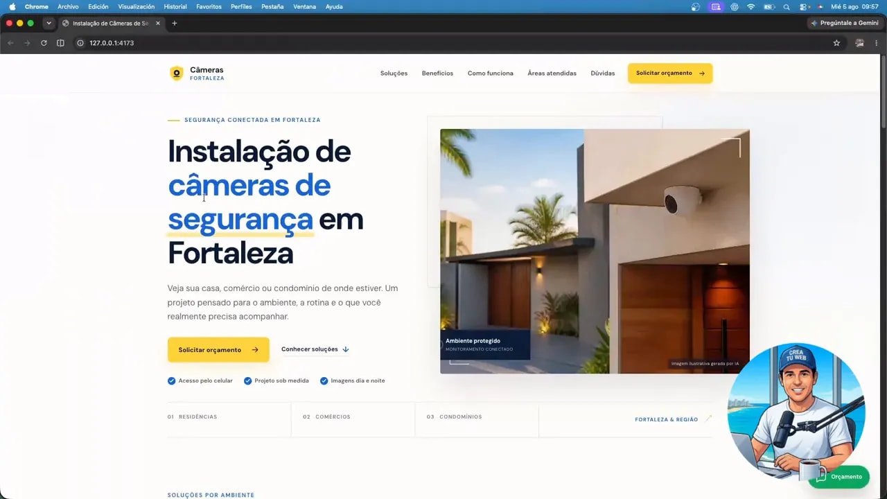 Página principal de cámaras de seguridad en Fortaleza con titular, botones y fotografía de vivienda