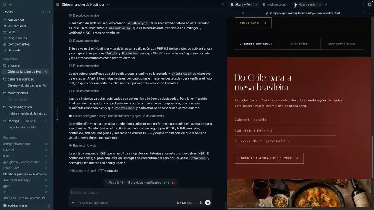Página de inicio de marca de vinos con botella central y fondo oscuro