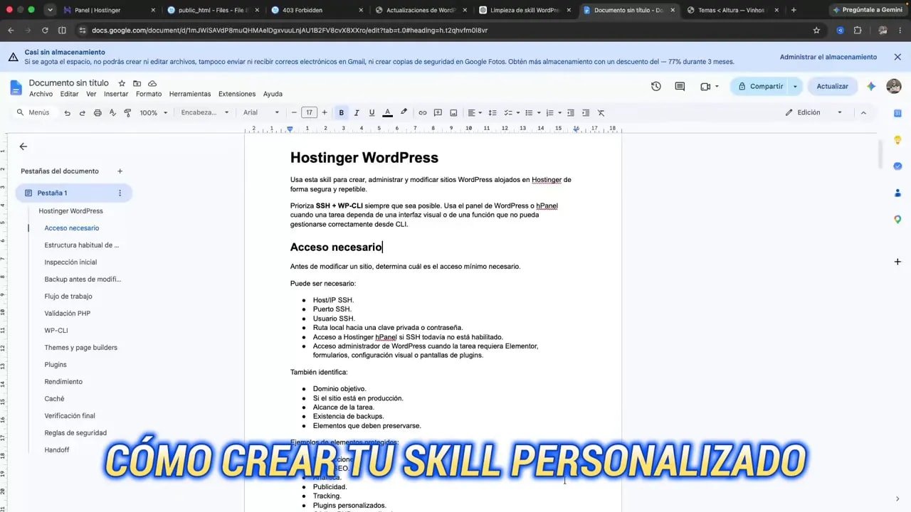 Documento de Google con instrucciones tituladas Hostinger WordPress