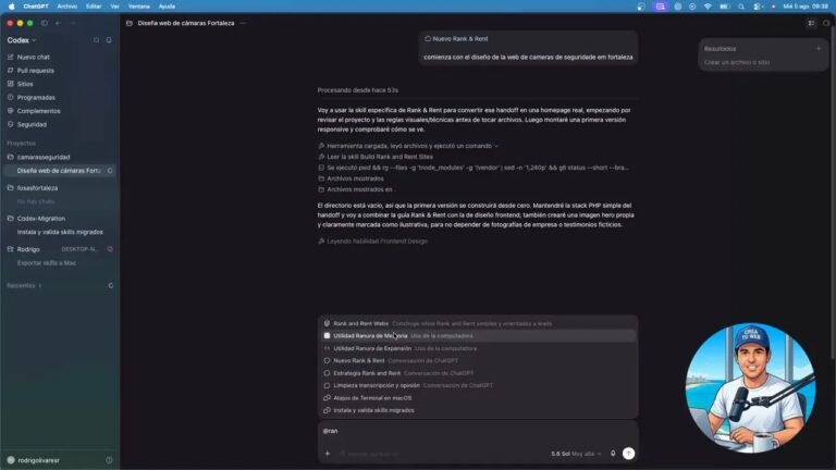 Interfaz dividida con conversación de planificación y documento de especificaciones del proyecto