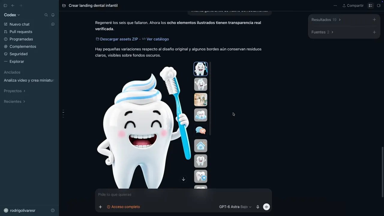Así creo webs para negocios en minutos con IA: ChatGPT + Antigravity 2 Catálogo de archivos de ilustraciones con una mascota dental grande y miniaturas laterales