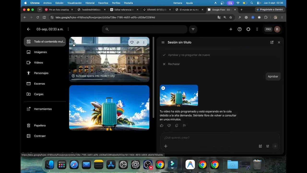 Así creo webs increíbles en minutos con IA: Antigravity, Gemini, ChatGPT y una experiencia premium de viajes 3 Editor de vídeo con una imagen de maleta y una línea de tiempo de fotogramas