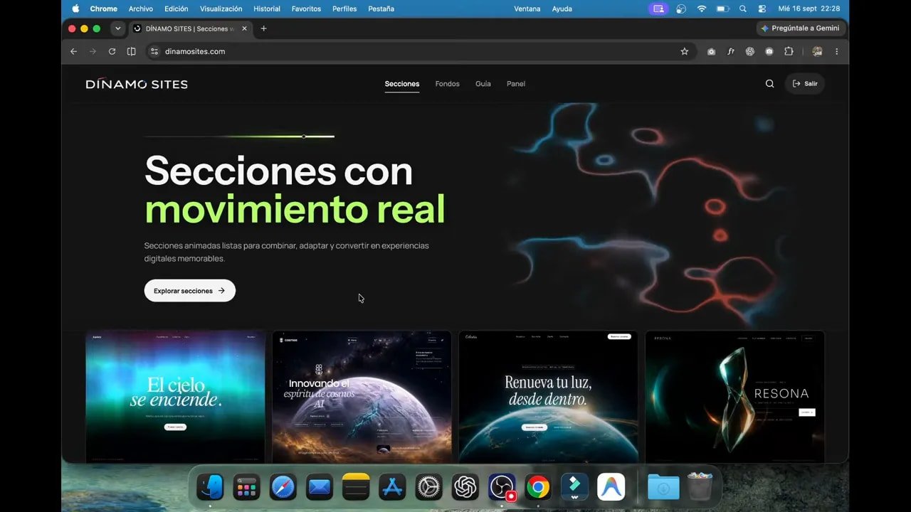 Así creo webs increíbles en minutos con IA: Antigravity, Gemini, ChatGPT y una experiencia premium de viajes 2 Galería de diseños web con secciones animadas en el sitio Dínamo Sites