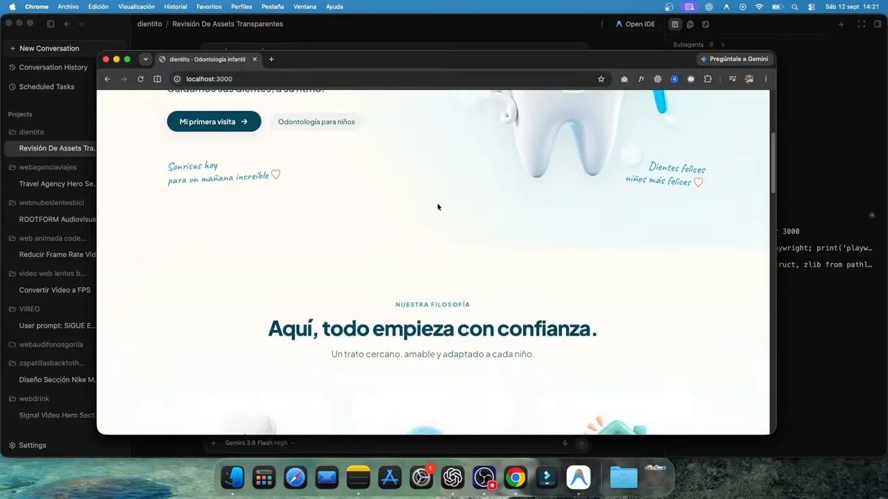 Así creo webs para negocios en minutos con IA: ChatGPT + Antigravity 3 Página web de clínica dental infantil con titular grande y mascota de diente con cepillo
