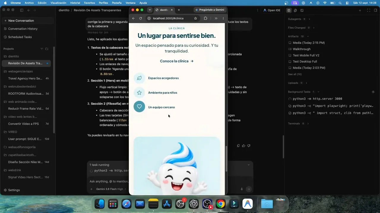Así creo webs para negocios en minutos con IA: ChatGPT + Antigravity 4 Vista móvil de landing dental con mascota, tarjetas y botón de formulario