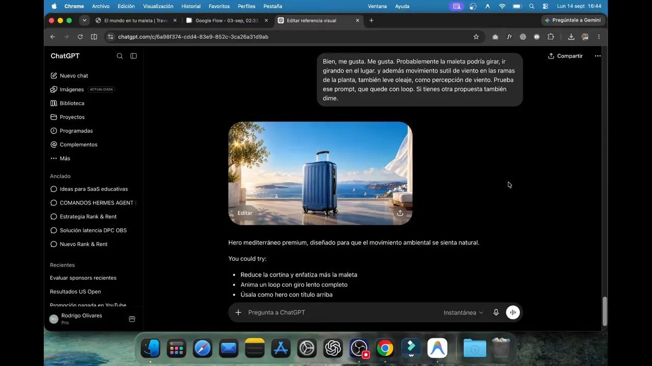 Así creo webs increíbles en minutos con IA: Antigravity, Gemini, ChatGPT y una experiencia premium de viajes 4 Imagen generada de una maleta azul frente al mar con plantas y cielo claro